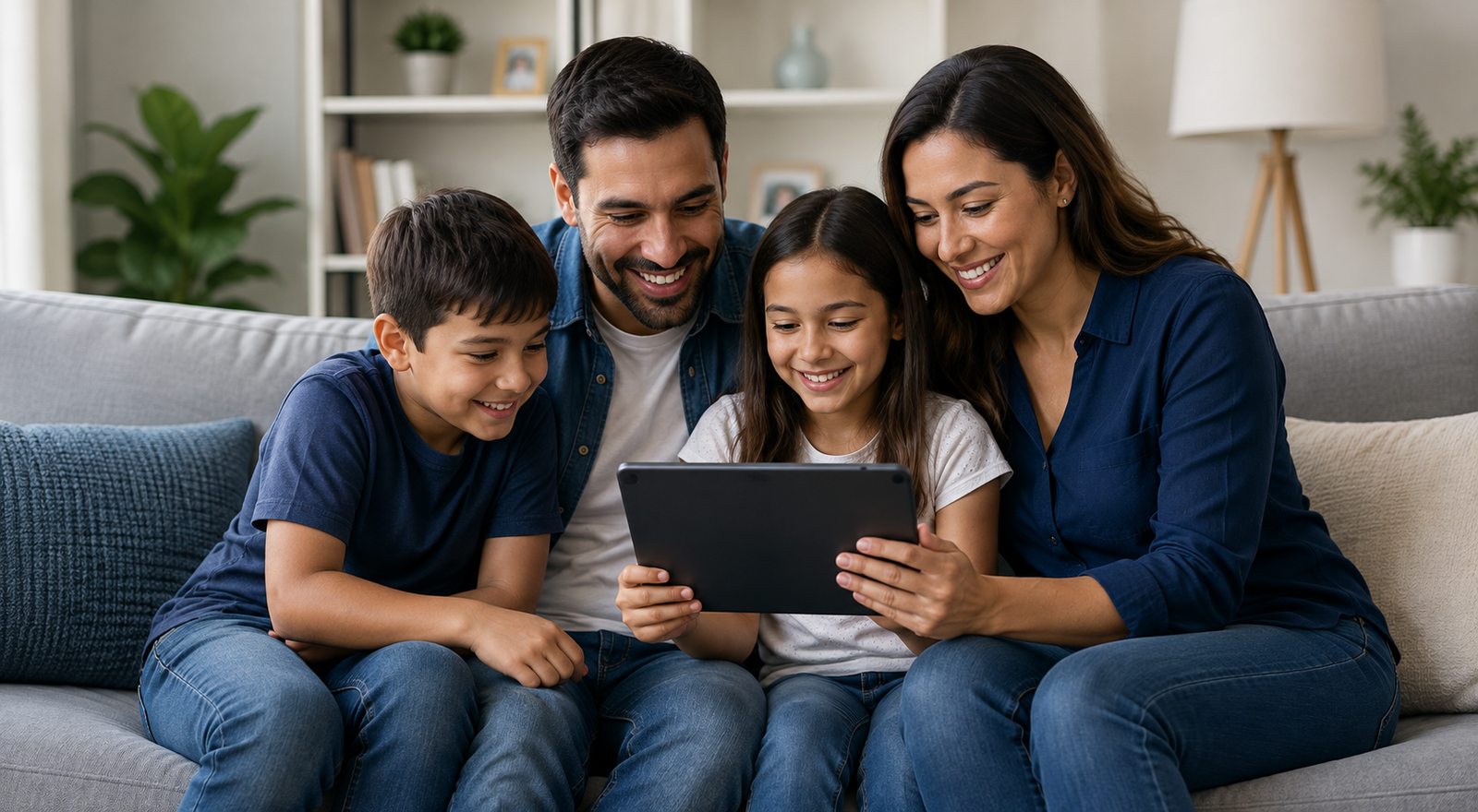 Family using a tablet together at home