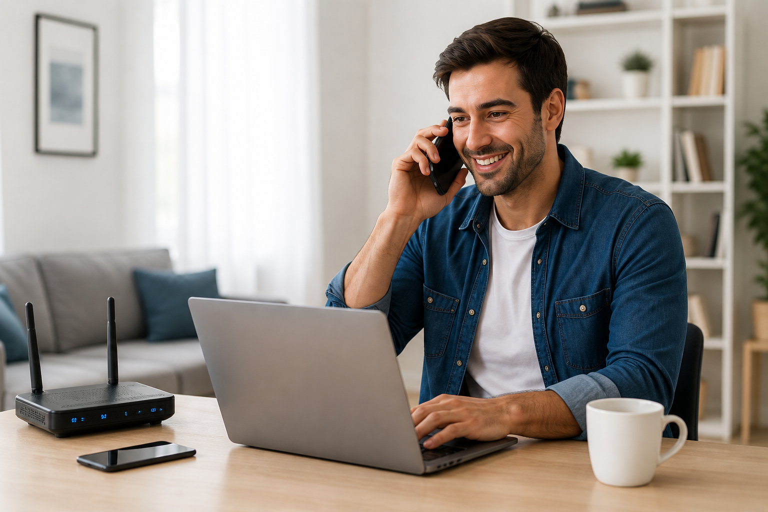 Man speaking on the phone while working on a laptop